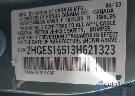 2003 Honda Civic Lx from USA, damaged, VIN 2HGES16513H621323